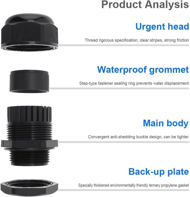RTNLIT 1-1/4" NPT Cable Gland, Waterproof Adjustable Nylon Plastic Strain Relief Cord Connectors With Gaskets(Pack of 5) - Image 3